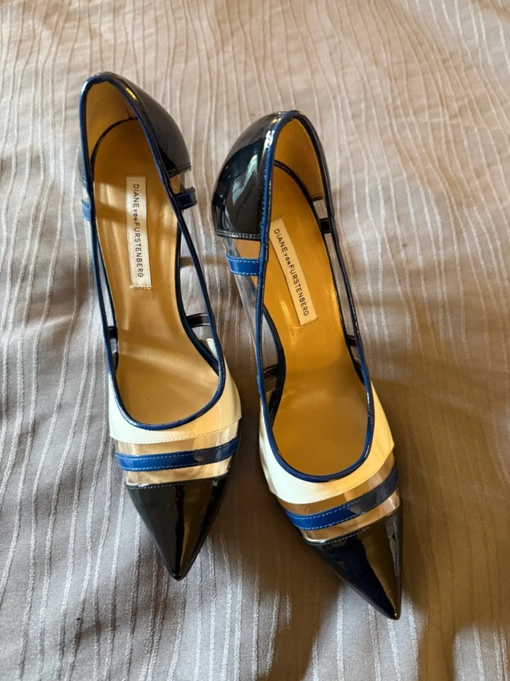 Diane Von Furstenberg Navy, White & Blue Patent Pointed Toe Pumps 7.5 B